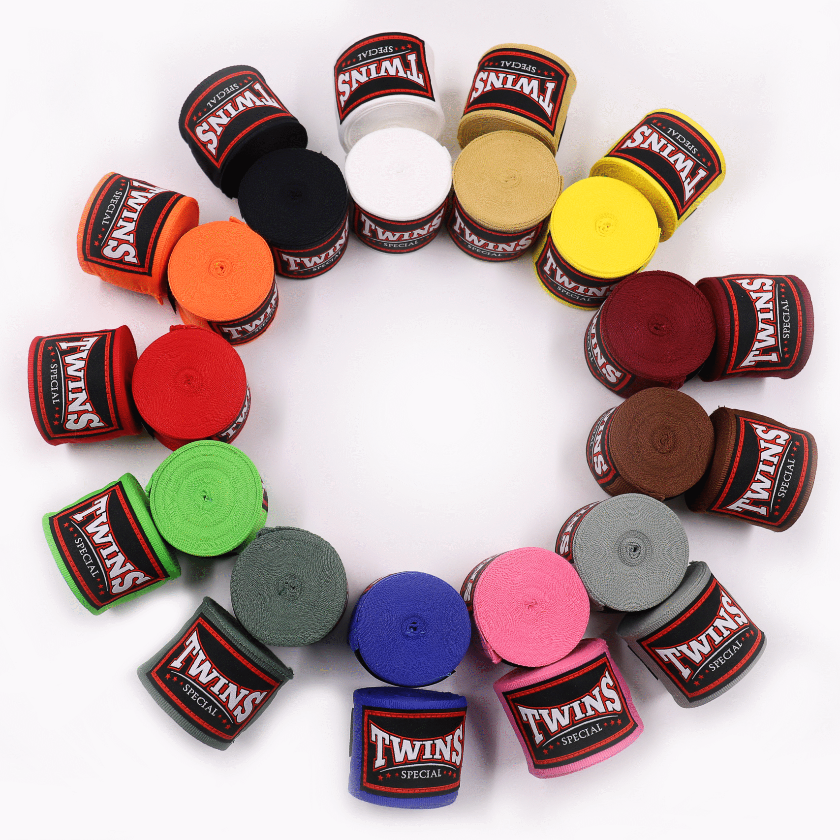 Twins Special elastic boxing hand wraps arranged in a circle on a white background in black, white, gold, yellow, red, green, blue, pink, brown and grey