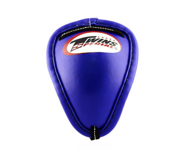 Front view of the blue Twins Special GPS-1 Muay Thai steel cup with traditional groin guard shape on a white background