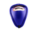Front view of the blue Twins Special GPS-1 Muay Thai steel cup with traditional groin guard shape on a white background