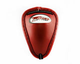 Front view of the red Twins Special GPS-1 Muay Thai steel cup with traditional groin guard shape on a white background