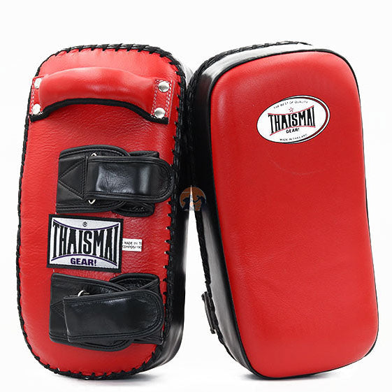 Front and back views of THAISMAI KP142 Muay Thai kick pads in red and black, showing the smooth striking faces and double arm straps.