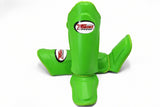 Front view of green Twins Special SGL-10 shin guards arranged to show full-length shin and instep padding, secure hook-and-loop straps, and padded foot support for Muay Thai and kickboxing on a white background