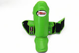 Front view of green Twins Special SGL-10 shin guards showing full-length shin and instep padding, secure hook-and-loop straps, and padded foot support for Muay Thai and kickboxing on a white background