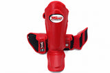 Rear view of red Twins Special SGL-10 shin guards showing full-length shin and instep padding, hook-and-loop straps, and padded foot support on a white background