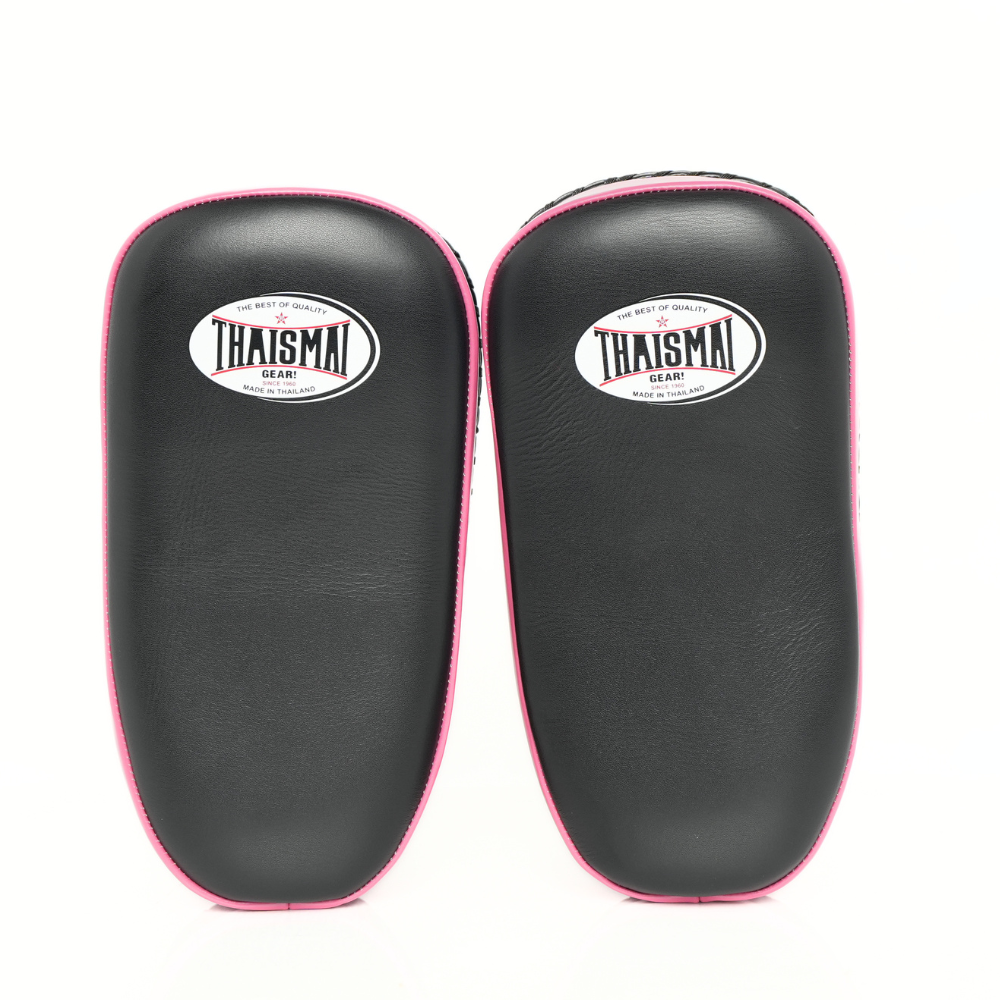 Front view of a pair of THAISMAI KP-143 Muay Thai kick pads in black with pink trim, shown side by side with padded striking faces and logo patches.