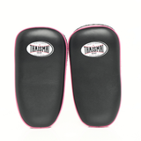 Front view of a pair of THAISMAI KP-143 Muay Thai kick pads in black with pink trim, shown side by side with padded striking faces and logo patches.