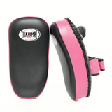 Pair of THAISMAI KP-143 Muay Thai kick pads in black and pink, shown from the front and side with padded target faces, a top handle and single forearm strap.