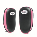 Pair of THAISMAI KP-143 Muay Thai kick pads in black and pink, shown side by side to display their curved padding, pink trim and logo patches.