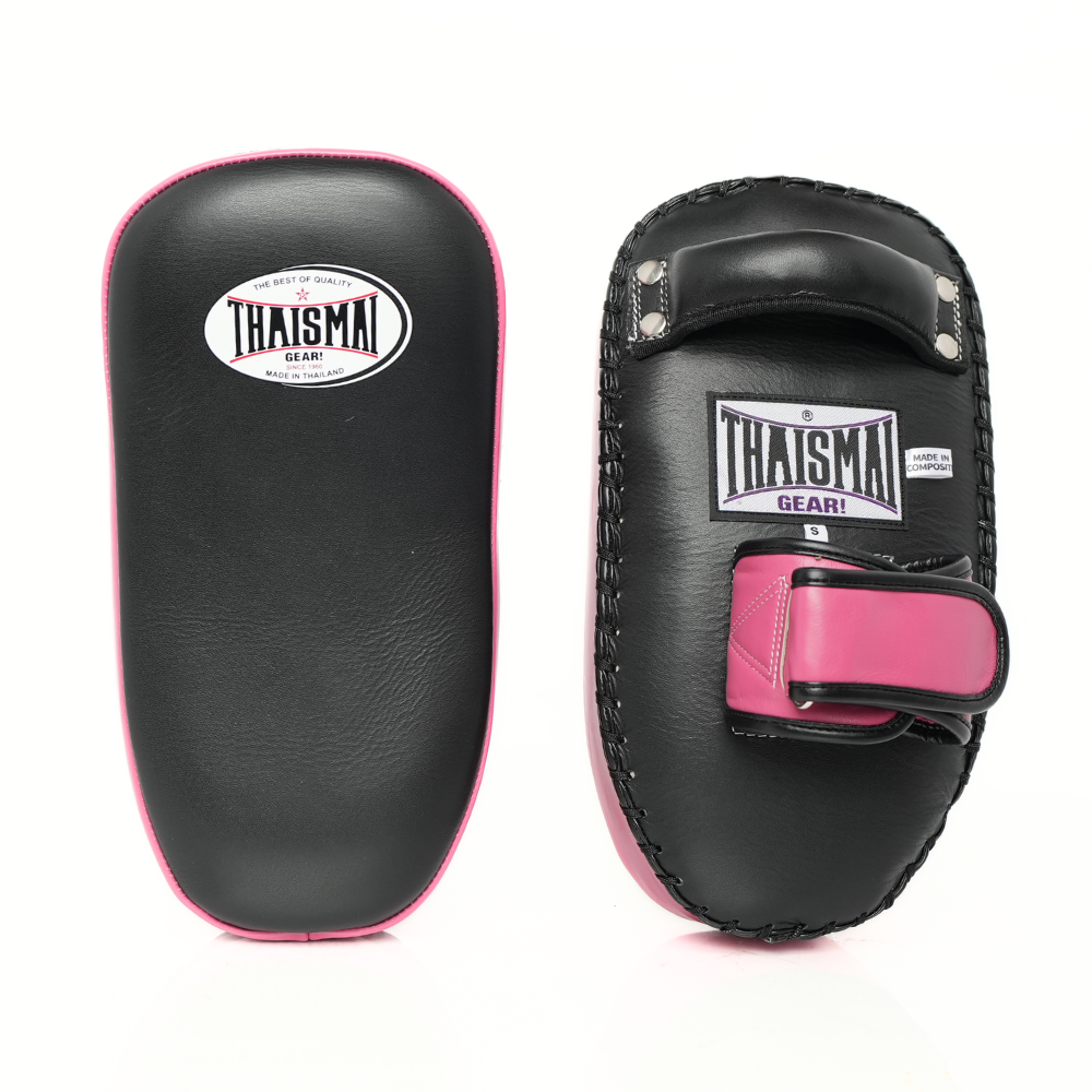 Front and rear views of the THAISMAI KP-143 Muay Thai kick pads in black and pink, showing the padded striking face and pink hook-and-loop arm strap.