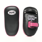 Front and rear views of the THAISMAI KP-143 Muay Thai kick pads in black and pink, showing the padded striking face and pink hook-and-loop arm strap.