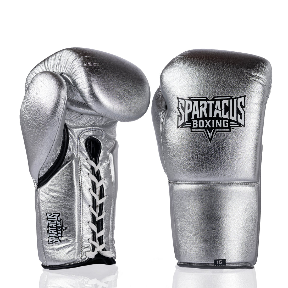 Metallic silver Spartacus Boxing sparring gloves with lace-up wrist closure.