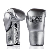 Metallic silver Spartacus Boxing sparring gloves with lace-up wrist closure.