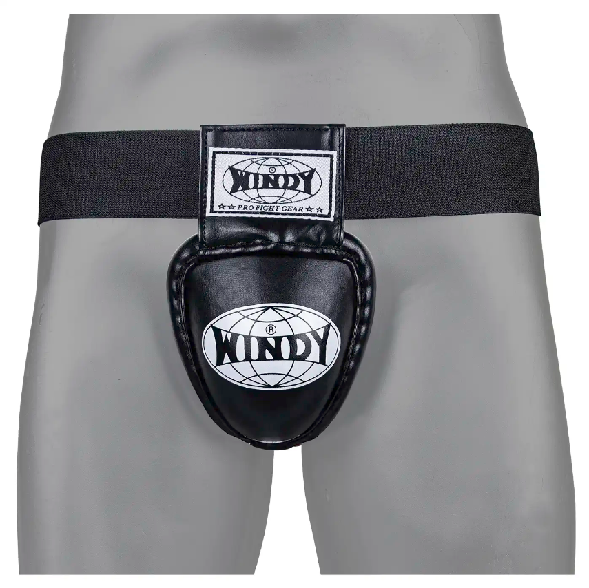 Windy elastic-band groin guard for boxing and Muay Thai, contoured protective cup with secure waistband and breathable athletic fit on a white background