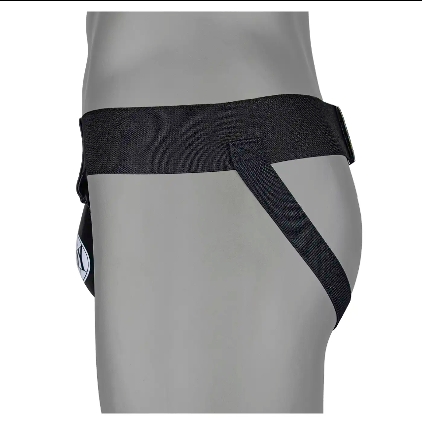 Windy elastic-band groin guard for boxing and Muay Thai, contoured protective cup with secure waistband and breathable athletic fit on a white background