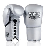 Silver Spartacus Boxing sparring gloves with lace-up wrist closure.