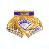 Front view of ThaiSmai Golden Era Diamond Muay Thai shorts showing the satin shell, diamond graphic, elastic waistband, side panels and split-leg cut on a white background