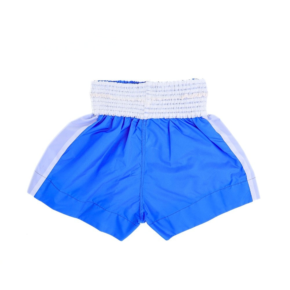 THAISMAI BS1003 VANDAM blue nylon Muay Thai shorts with red Thai script, white side panels and secure elastic waistband, back view on a white background
