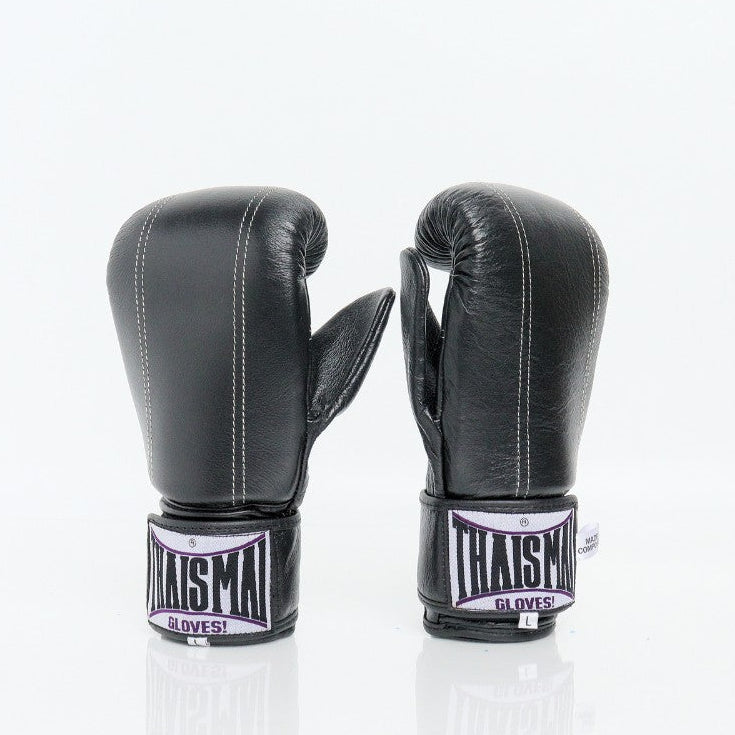 THAISMAI BM111 black Muay Thai bag gloves in genuine leather showing Thaismai branding and compact knuckle padding, pair on a white background