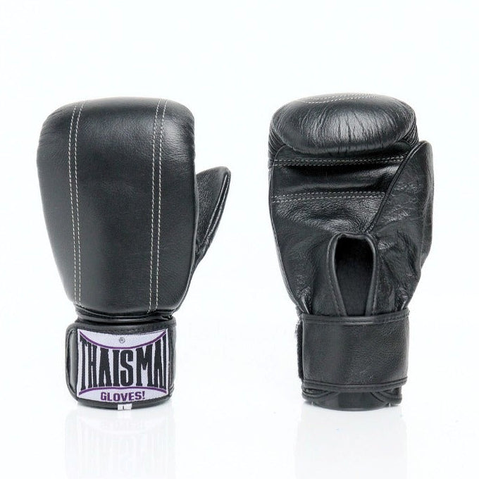 THAISMAI BM111 black genuine leather Muay Thai bag gloves with focused knuckle padding and branded wrist closure, pair on a white background