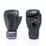THAISMAI BM111 black genuine leather Muay Thai bag gloves with focused knuckle padding and branded wrist closure, pair on a white background