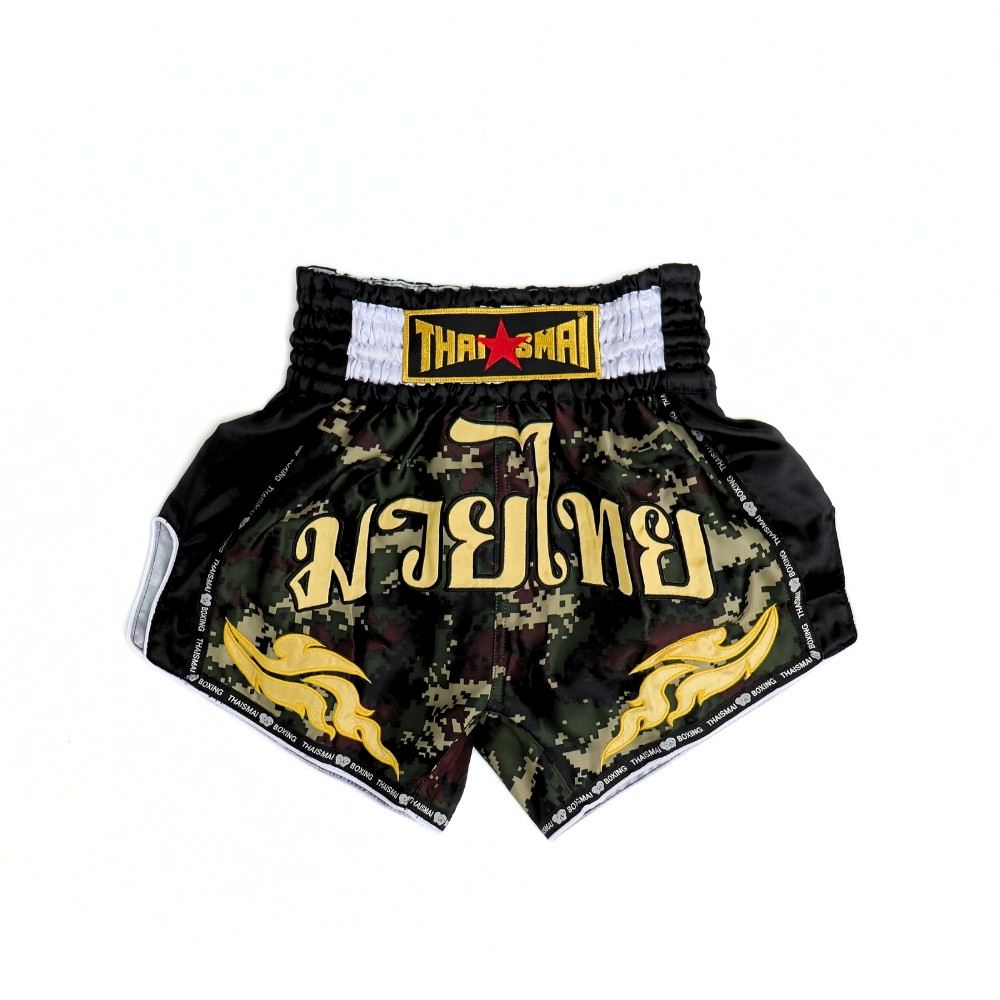 THAISMAI Camo Green Muay Thai shorts in black and green camouflage satin with gold branding, traditional side-slit cut and elastic waistband for boxing and Muay Thai training on a white background