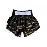 THAISMAI Camo Green Muay Thai shorts in black and green camouflage satin with gold branding, traditional side-slit cut and elastic waistband for boxing and Muay Thai training on a white background