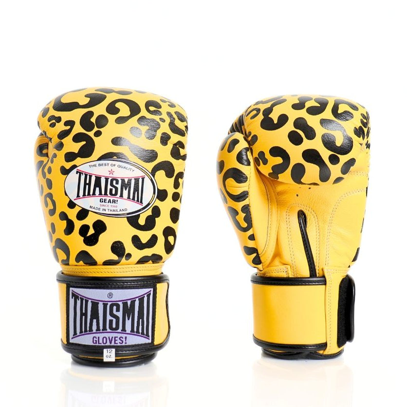 ThaiSmai FBG124 Leopard Muay Thai boxing gloves in genuine leather with yellow-and-black leopard print, padded knuckles and secure wrist support, pair on a white background