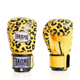 ThaiSmai FBG124 Leopard Muay Thai boxing gloves in genuine leather with yellow-and-black leopard print, padded knuckles and secure wrist support, pair on a white background