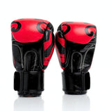 ThaiSmai Flame Muay Thai boxing gloves in black and red genuine leather with high-density foam, ergonomic fist shape and full-wrap Velcro closure on a white background