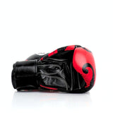 ThaiSmai Flame Muay Thai boxing gloves in black and red genuine leather with high-density foam, ergonomic fist shape and full-wrap Velcro closure on a white background