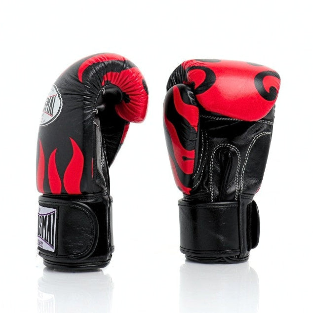 ThaiSmai Flame Muay Thai boxing gloves in black and red genuine leather with high-density foam, ergonomic fist shape and full-wrap Velcro closure on a white background