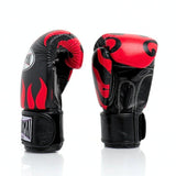 ThaiSmai Flame Muay Thai boxing gloves in black and red genuine leather with high-density foam, ergonomic fist shape and full-wrap Velcro closure on a white background