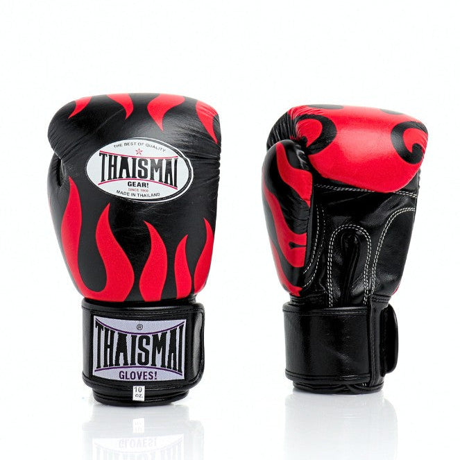 ThaiSmai Flame Muay Thai boxing gloves in black and red genuine leather with high-density foam, ergonomic fist shape and full-wrap Velcro closure on a white background