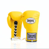 Yellow boxing gloves with 'Thaismai' branding on a white backgroundThaiSmai BG121 lace-up boxing gloves in bright yellow leather with classic lace closure, reinforced multi-layer padding and secure wrist support for boxing and Muay Thai training on a white background