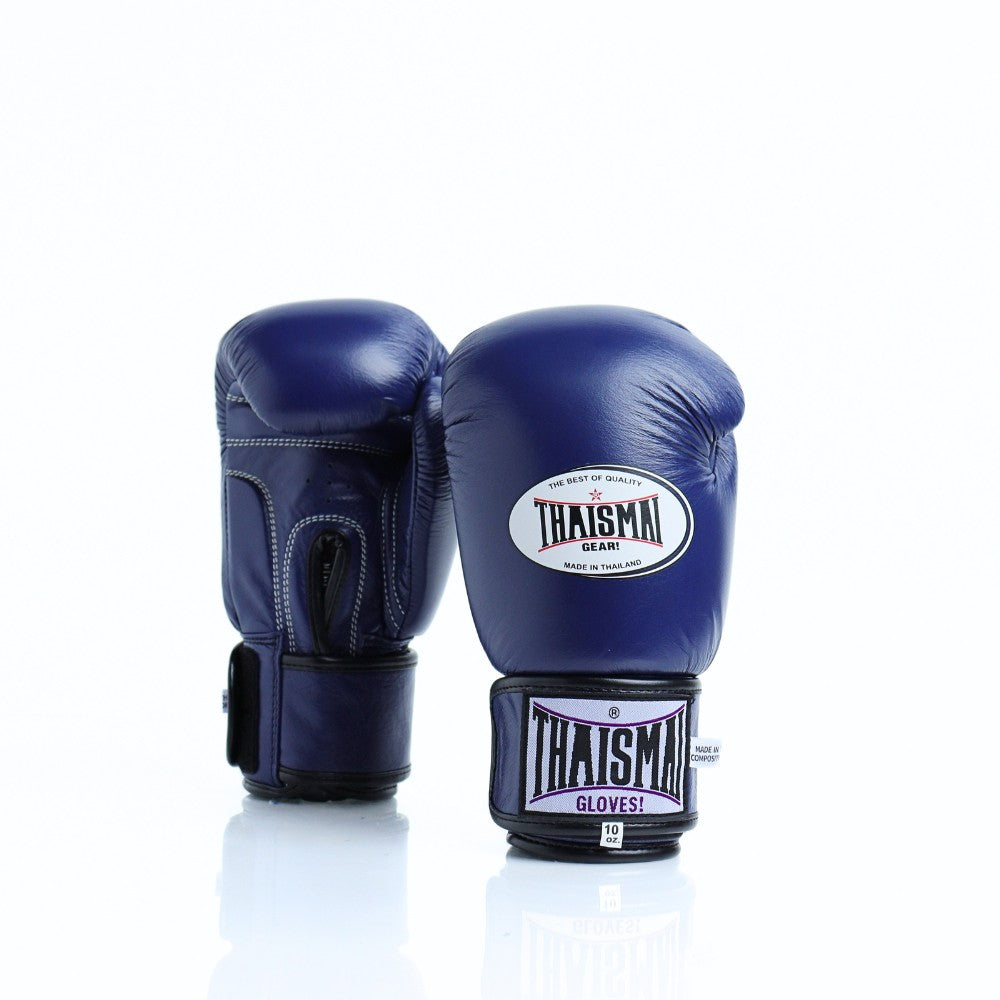 THAISMAI BG124 Muay Thai boxing gloves in dark blue leather with reinforced multi-layer padding, secure hook-and-loop wrist closure and white-purple logo details on a white background