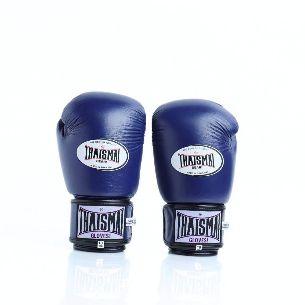 THAISMAI BG124 Muay Thai boxing gloves in dark blue leather with reinforced multi-layer padding, secure hook-and-loop wrist closure and white-purple logo details on a white background