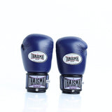 THAISMAI BG124 Muay Thai boxing gloves in dark blue leather with reinforced multi-layer padding, secure hook-and-loop wrist closure and white-purple logo details on a white background