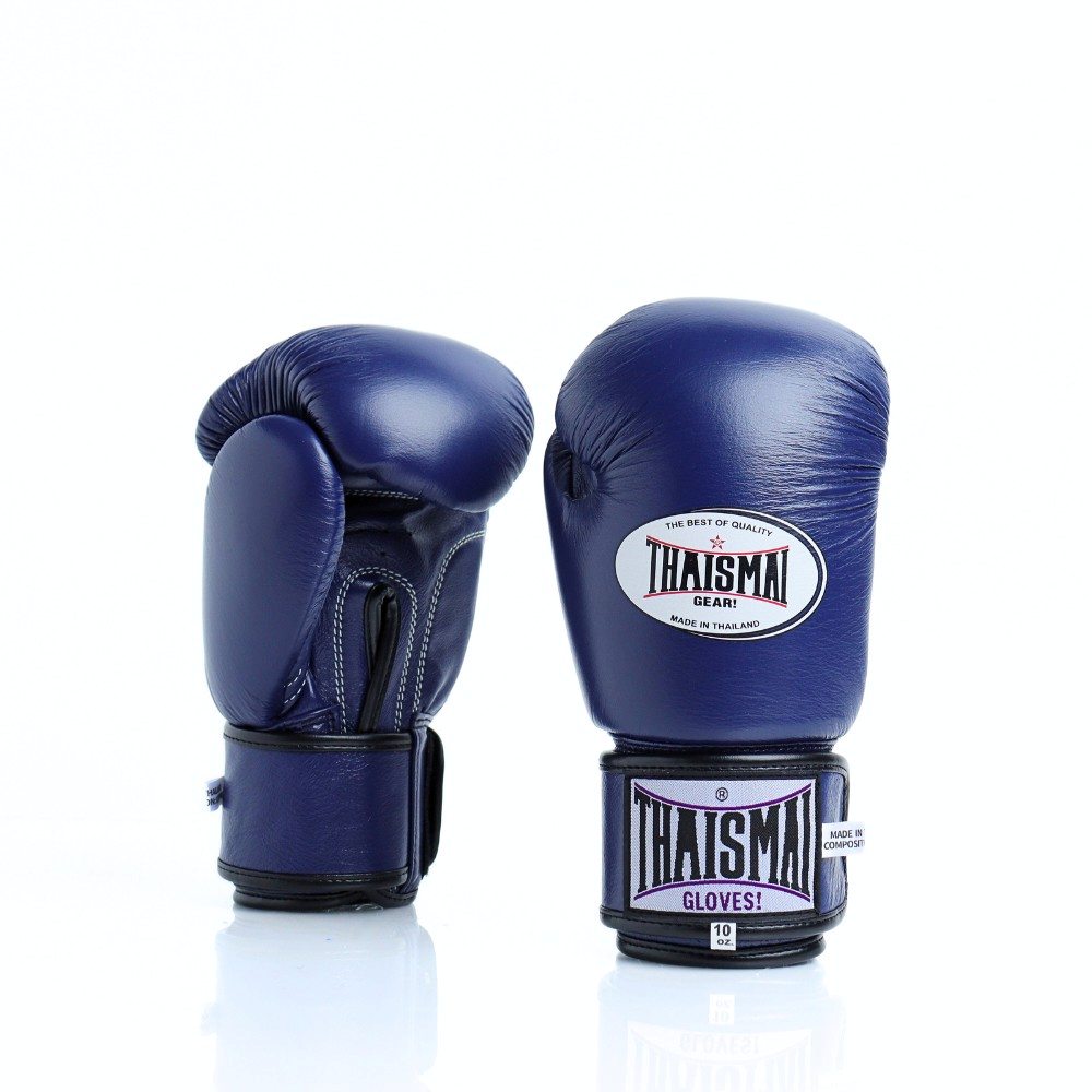 THAISMAI BG124 Muay Thai boxing gloves in dark blue leather with reinforced multi-layer padding, secure hook-and-loop wrist closure and white-purple logo details on a white background