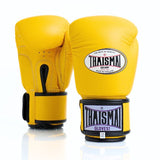 Yellow boxing gloves with Thaisma branding on a white background