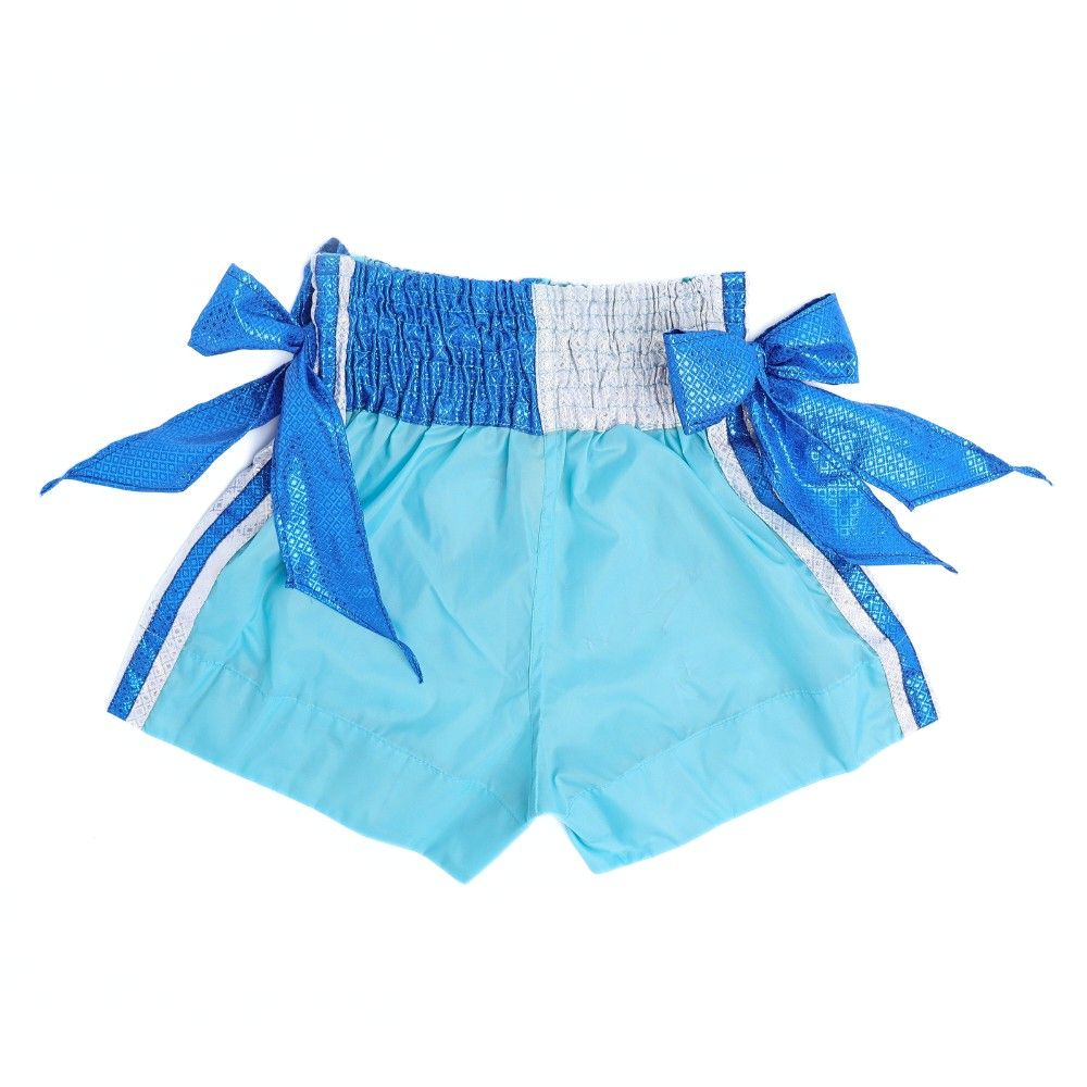 ThaiSmai KARUHAT Muay Thai shorts in lightweight satin with traditional Thai embroidery and wide waistband, product view on a white background