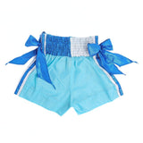 ThaiSmai KARUHAT Muay Thai shorts in lightweight satin with traditional Thai embroidery and wide waistband, product view on a white background