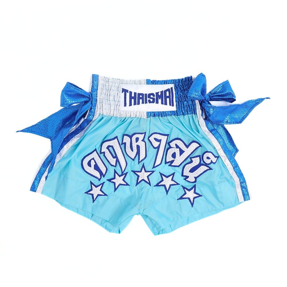 ThaiSmai KARUHAT Muay Thai shorts in lightweight satin with traditional Thai embroidery and wide waistband, product view on a white background