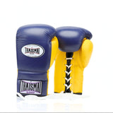 ThaiSmai BG121 lace-up boxing gloves in navy blue and yellow genuine leather with layered foam padding, black laces and secure wrist support for boxing and Muay Thai training on a white background