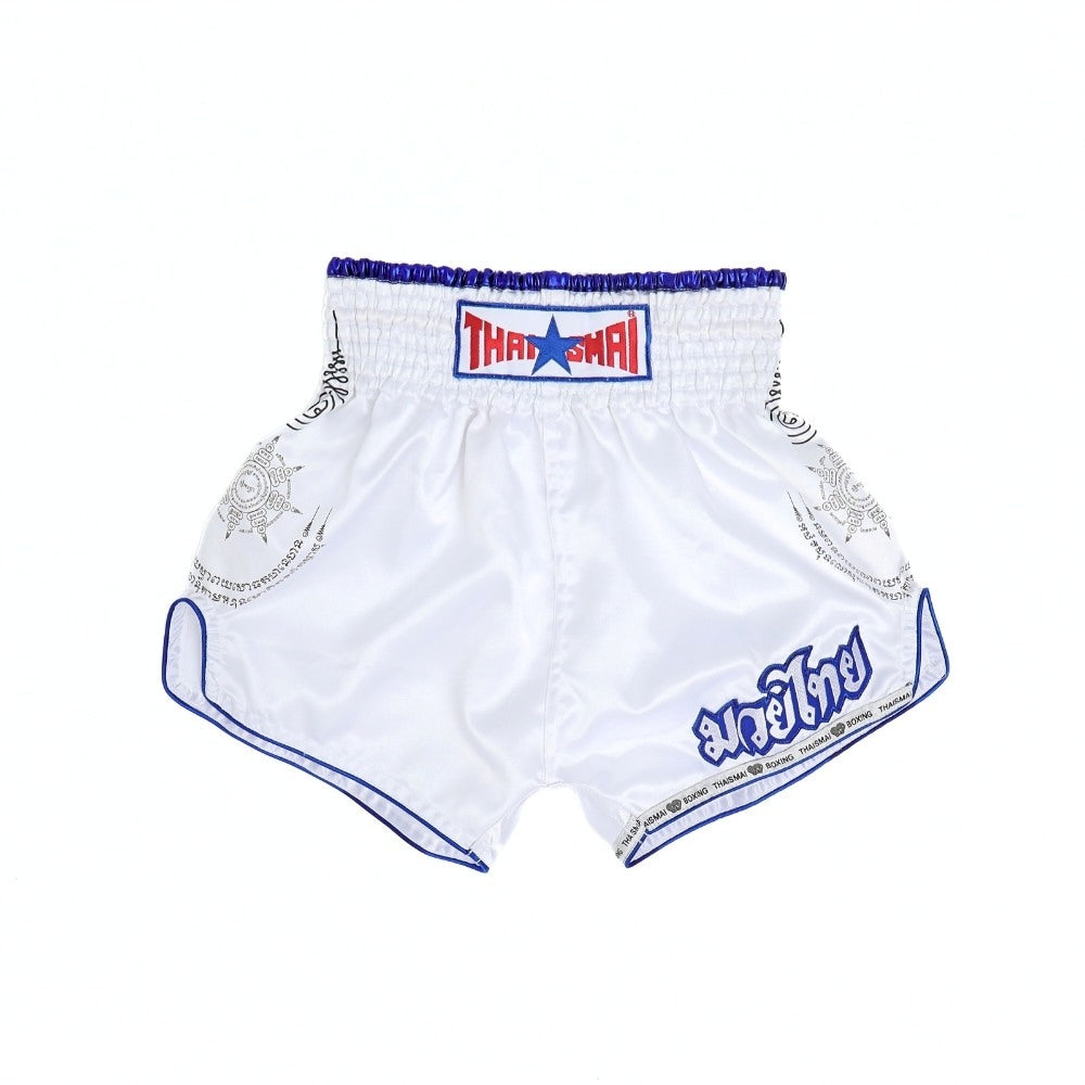 THAISMAI SAK YANT Muay Thai boxing shorts in lightweight satin with Thai lettering, classic side-slit cut and traditional fightwear design on a white background
