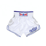 THAISMAI SAK YANT Muay Thai boxing shorts in lightweight satin with Thai lettering, classic side-slit cut and traditional fightwear design on a white background