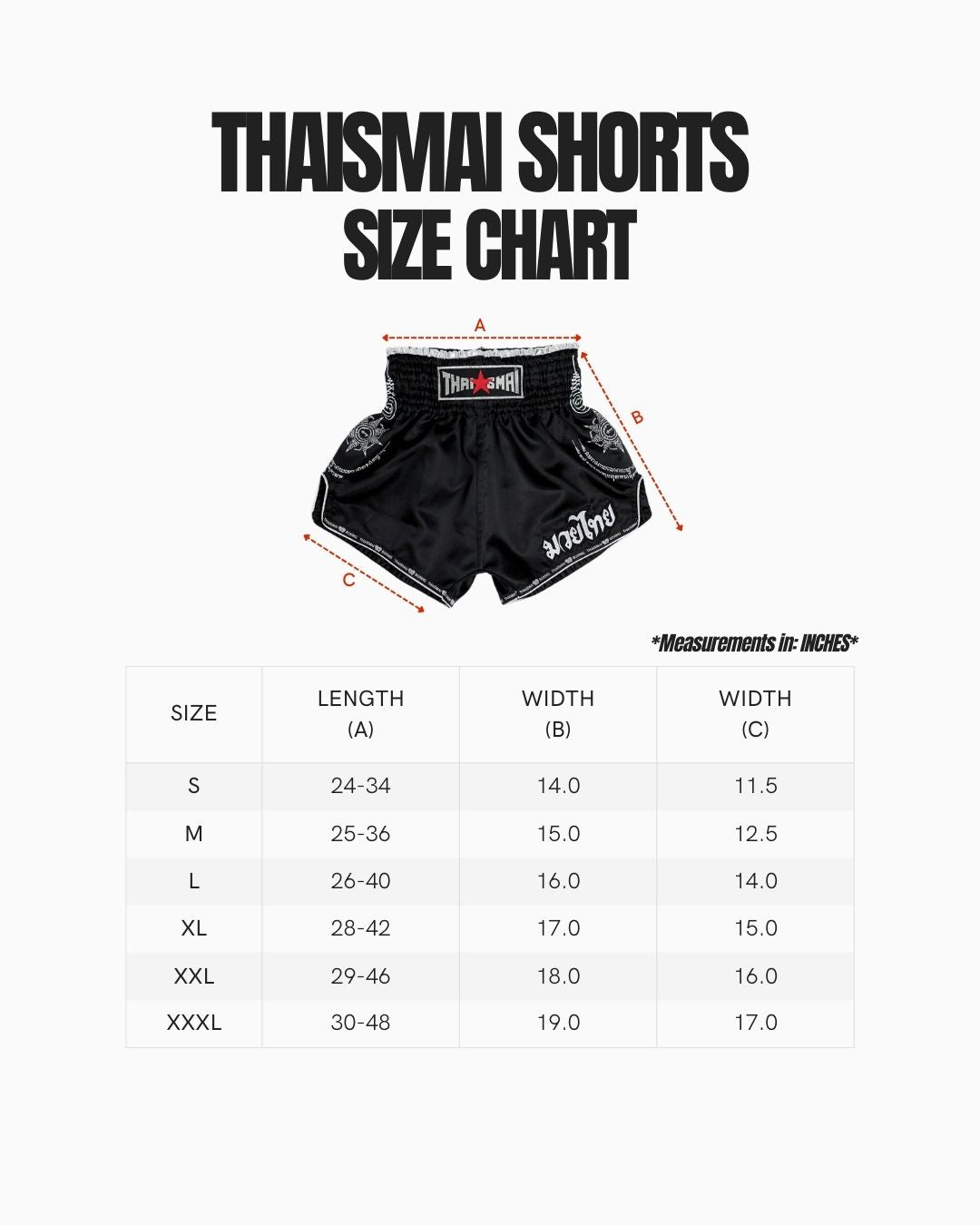 Thaismai BS1003 Muay Thai shorts size chart showing measurements for the nylon boxing shorts on a white background