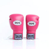 ThaiSmai BG121 lace-up boxing gloves in pink leather with white lace closure, reinforced padding and secure wrist support for boxing and Muay Thai training on a white background