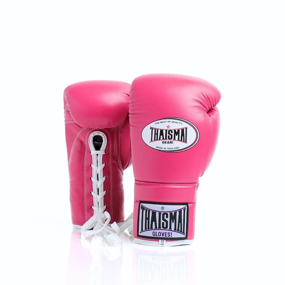 ThaiSmai BG121 lace-up boxing gloves in pink leather with white lace closure, reinforced padding and secure wrist support for boxing and Muay Thai training on a white background