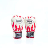 THAISMAI FBG124 Flame Muay Thai boxing gloves in white leather with red flame artwork, reinforced multi-layer padding and secure hook-and-loop wrist closure on a white background