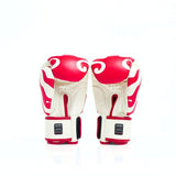THAISMAI FBG124 Flame Muay Thai boxing gloves in white leather with red flame artwork, reinforced multi-layer padding and secure hook-and-loop wrist closure on a white background